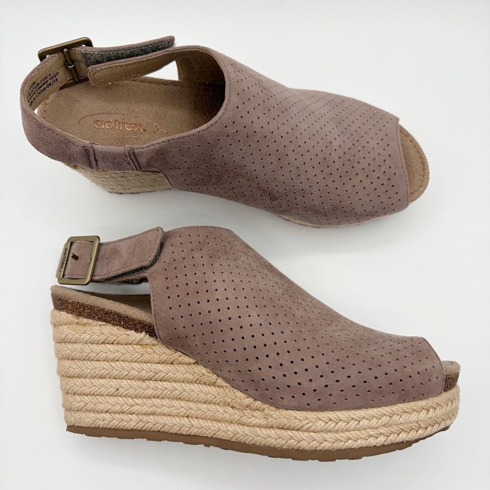 Aetrex Sherry Women's Espadrille Wedge Sandal US Size 7 Leather Comfortable Tan